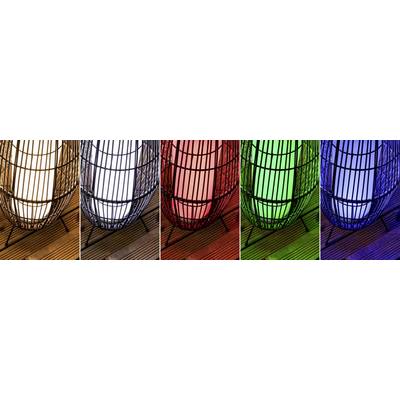 Five pictures in a strip show a lamp in a metal basket, illuminating in different colours: White, Red, Green, Blue.