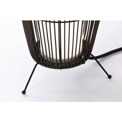 A stylish lamp with an open, basket-shaped metal frame. It radiates warm light and stands on three slender legs.