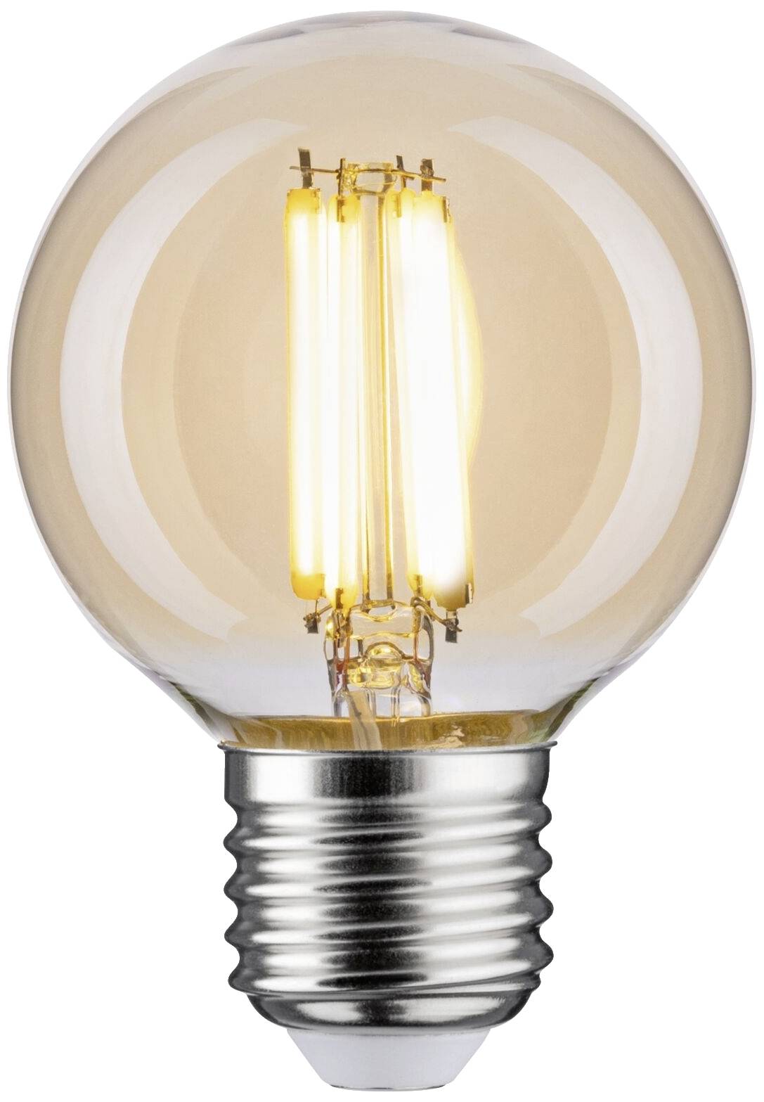 A switched-on light bulb with a visible filament and metal base, emitting warm light.