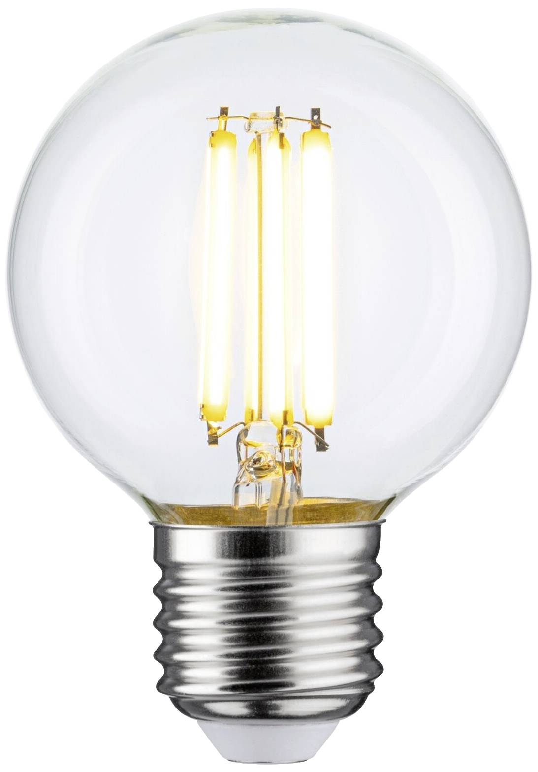 A LED light bulb with a visible, glowing filament stylises the appearance of classic light bulbs.