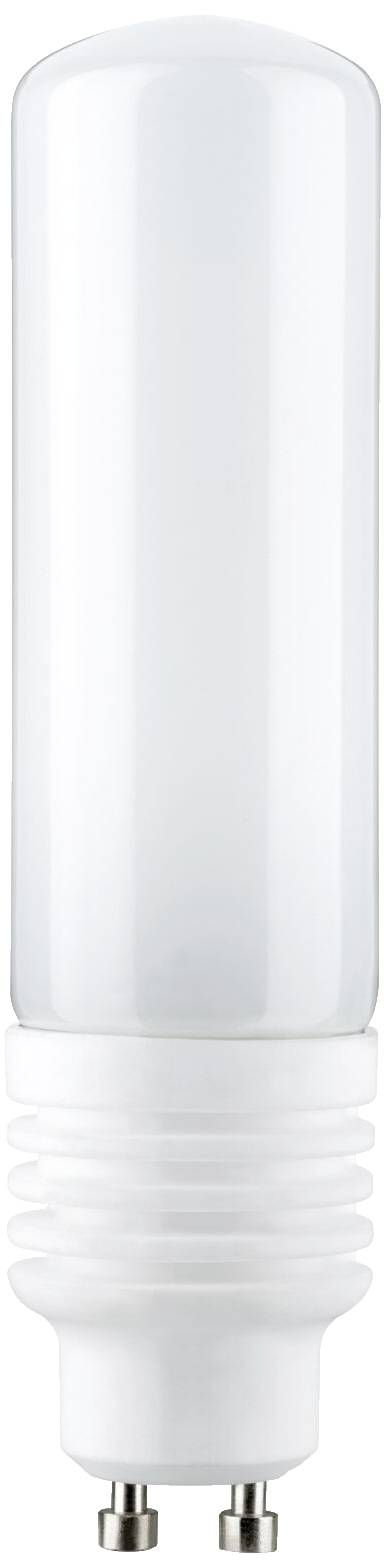 Energy-saving lamp with GU10 base, white, cylindrical design.