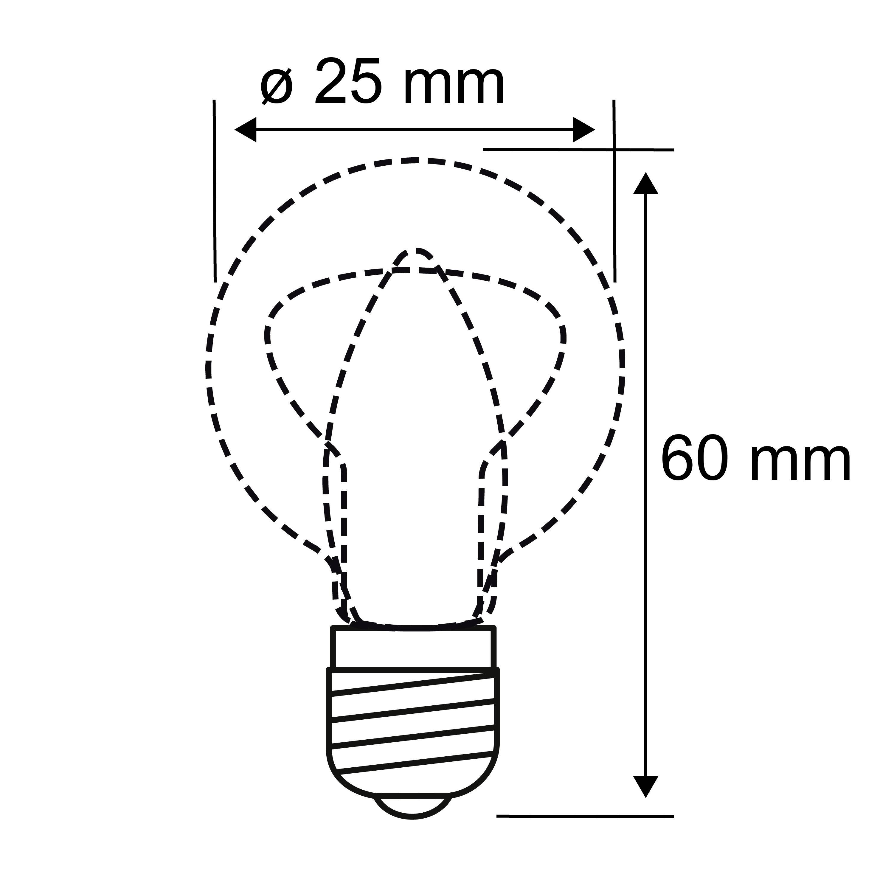 Light bulb diagram with dimensions: Diameter 25 mm, Height 60 mm. Used to illustrate the specific light bulb size.