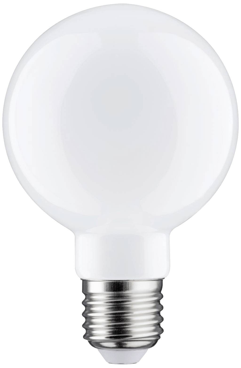 A round, white light bulb with frosted glass and a silver fitting, against a white background.
