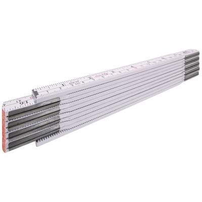 A white folding ruler with black markings and metal joints, laid out on a table.