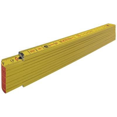 A yellow folding ruler that can be extended to two metres in length by unfolding, with marked scales in centimetres.