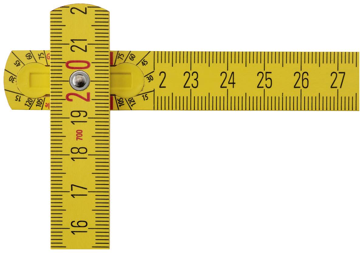 A yellow protractor with red and black numbers, showing a 90-degree angle. The main scale ranges from 15 to 35 centimetres.