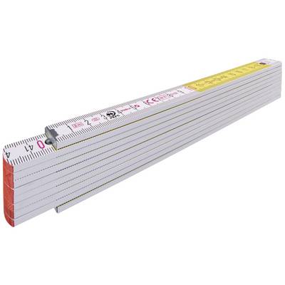 White wooden folding ruler with markings in centimetres and millimetres, unfolded to form a straight angle.