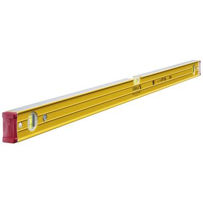 A golden spirit level with red ends and two vials for measuring horizontal and vertical alignment.