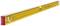A golden spirit level with red ends and two vials for measuring horizontal and vertical alignment.