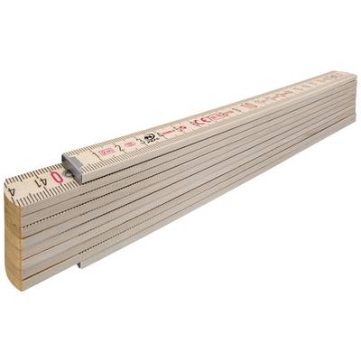 Folding wooden ruler with visible measurement markings and indicators.