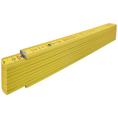 Yellow wooden folding ruler, spread out, showing centimetre and millimetre markings.