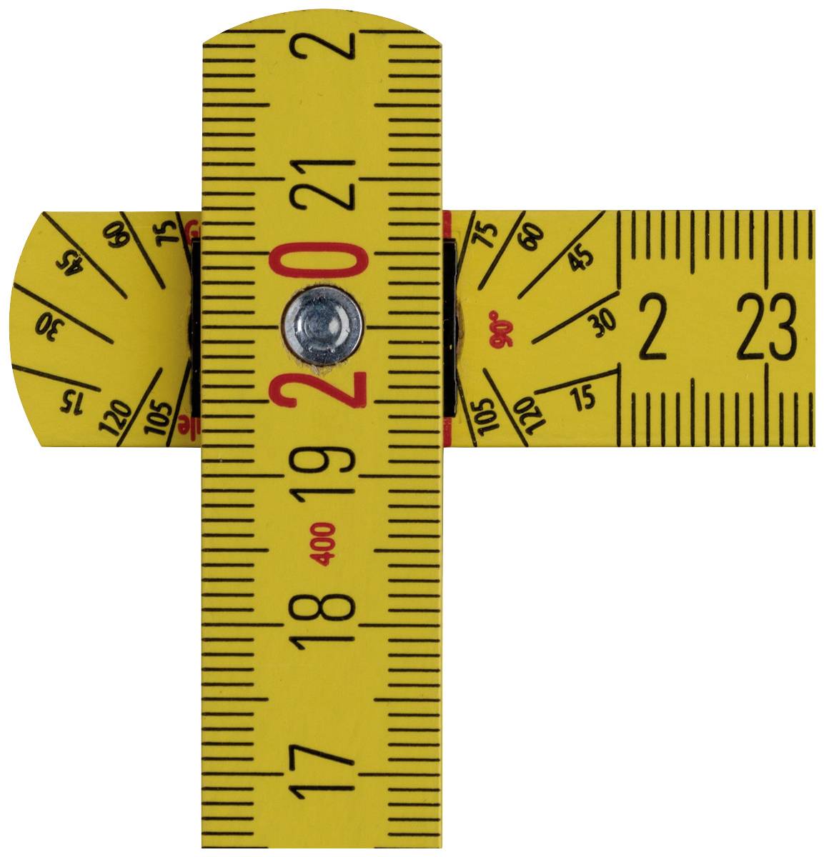 Yellow tape measure in a cross formation. Centimetre and degree markings on the arms, centred by a screw.