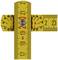 Yellow tape measure in a cross formation. Centimetre and degree markings on the arms, centred by a screw.