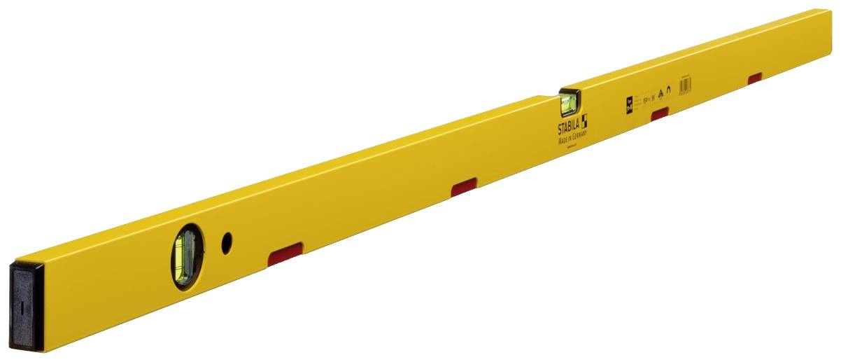A yellow spirit level with two bubble vials for measuring horizontal and vertical planes, set against a white background.