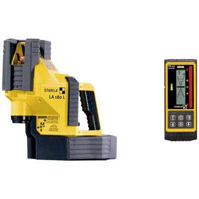 Yellow line laser Stabila LA 180 L beside a receiver, suitable for precise alignment and levelling in construction projects.
