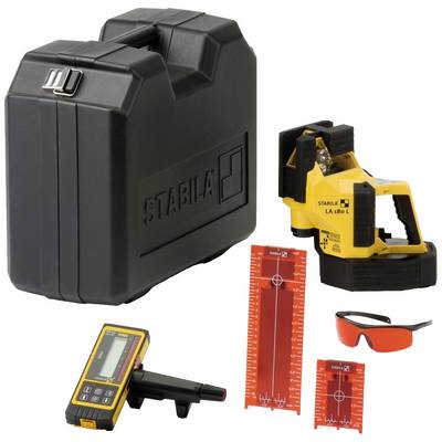 A yellow laser with accessories including a black hard-shell case, laser detector, measuring rods and safety glasses for construction surveying.