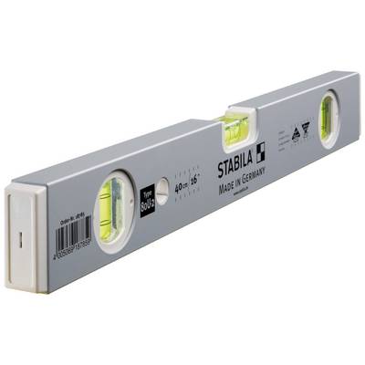 Spirit level with grey casing, two vials for vertical and horizontal alignment, inscription 'Stabila Made in Germany'.