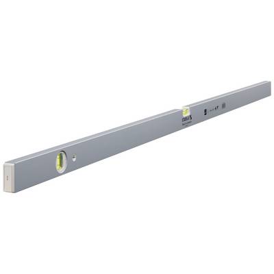 A long, silver spirit level with two bubbles for levelling.