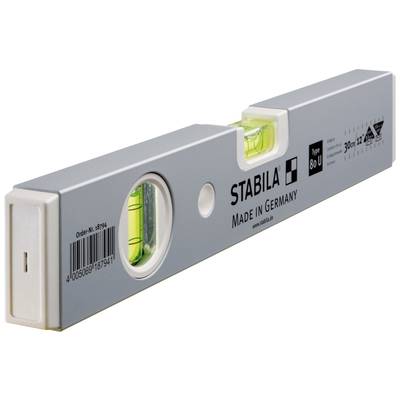 Metal spirit level, silver-coloured, with two integrated vials for measuring horizontal and vertical alignment.
