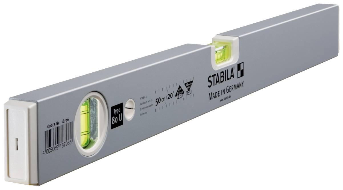 'Stabila spirit level with two vials, silver-coloured, manufactured in Germany.'
