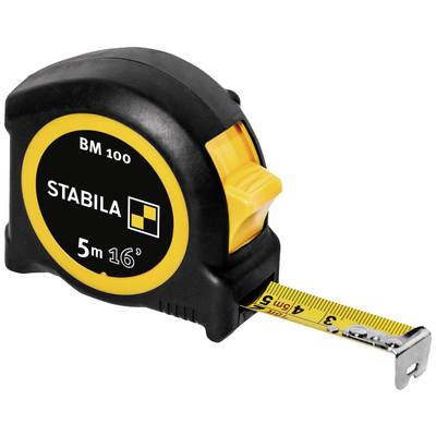 Black and yellow measuring tape by Stabila, Model BM 100, with a length of 5 metres. The tape measure is partially extended.
