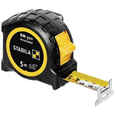 Black and yellow measuring tape with 'STABILA' printed on it, extended length showing 5 metres.
