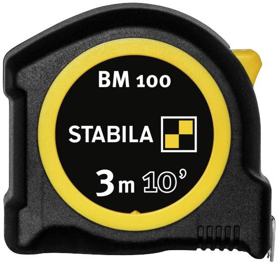 Black and yellow measuring tape 'Stabila' with the inscription 'BM 100', length 3 metres.
