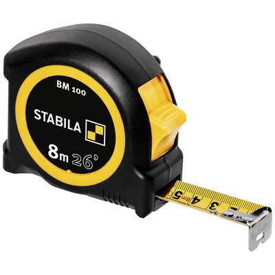 Black and yellow retractable tape measure with 'Stabila BM 100' inscription, showing 3 metres on the measuring scale, suitable for length measurements.