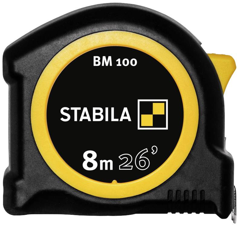 A black and yellow tape measure with the inscription 'STABILA BM 100'. It measures up to 8 metres or 26 feet.