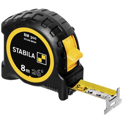 A black and yellow Stabila tape measure with a length of 8 metres, enclosed in a nylon case.