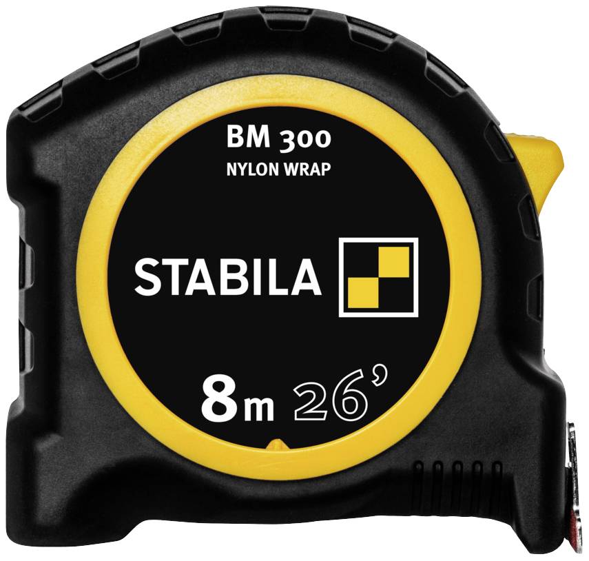 A black and yellow measuring tape with the inscription 'STABILA BM 300 Nylon Wrap, 8m, 26'''.