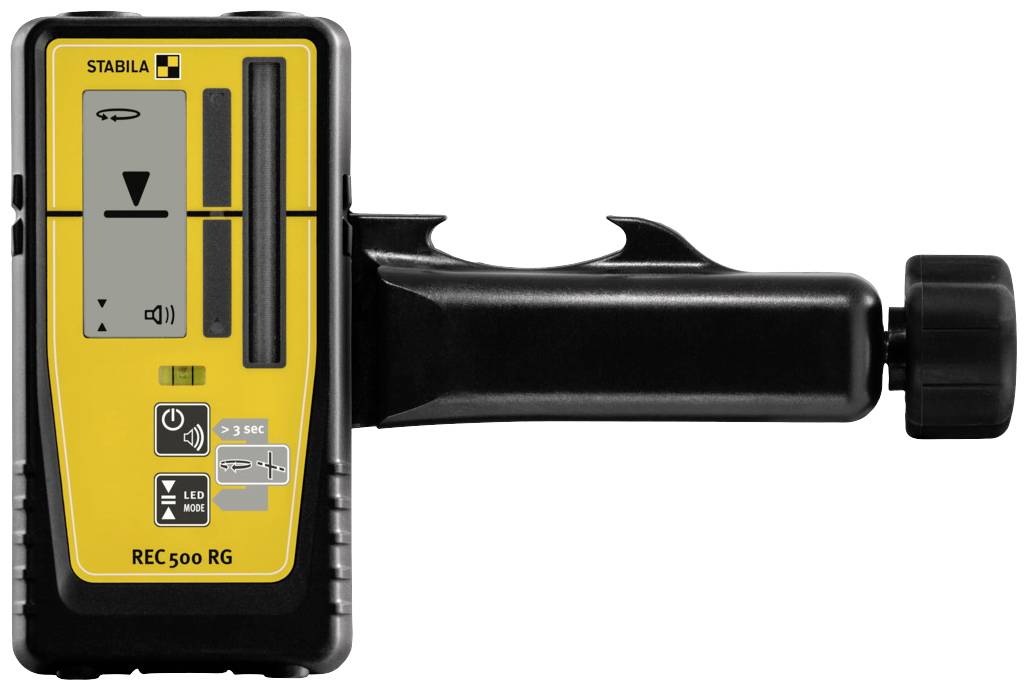 Close-up of a yellow laser receiver with a display and control buttons. The receiver shows a vertical line and arrows.