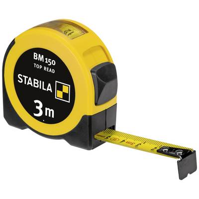 Yellow measuring tape 'Stabila BM 150' with black label, showing 3 m length.