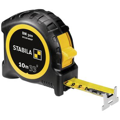 A measuring tape with the inscription 'Stabila BM 300', length 10m, yellow and black design, extended to 6.5 cm, surrounded by a robust casing.