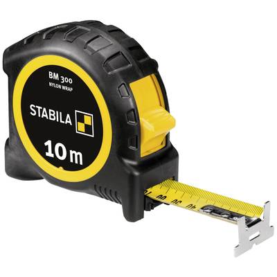 A black measuring tape with yellow accents shows 10 metres. On the casing it reads 'STABILA BM 300 NYLON WRAP'.