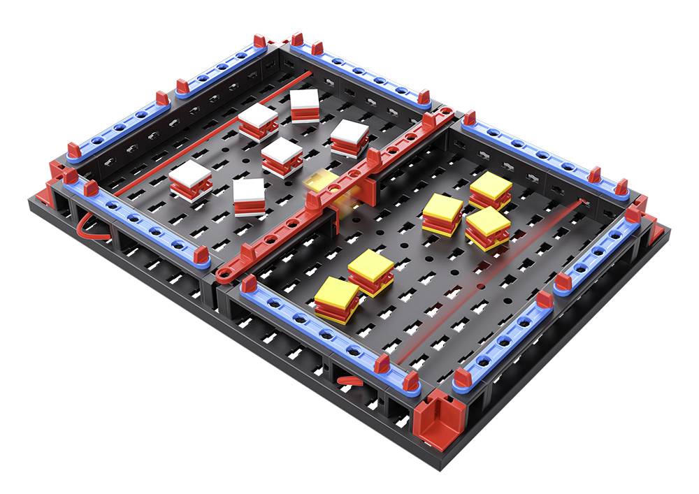 A black technical construction plate system with red and blue connecting elements and yellow components.