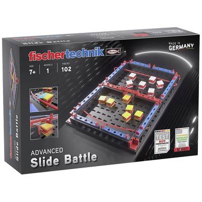 A fischertechnik toy box with the 'Advanced Slide Battle' set, suitable for children aged 7 and above, contains 102 pieces.