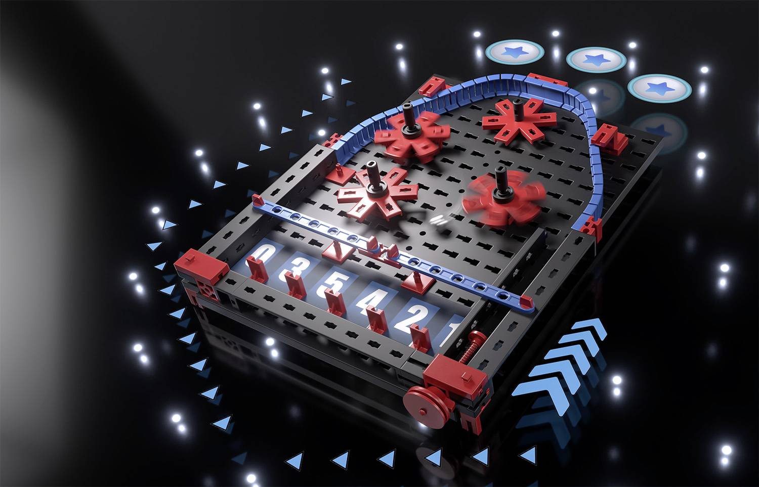 A black toolbox with red gears and blue arrows displays a mechanical counting system on a luminous background.