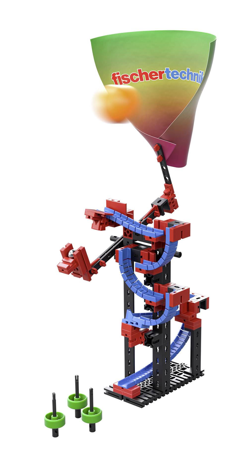 A fischertechnik construction kit with a colourful funnel and mechanical design that transports a ball upwards.