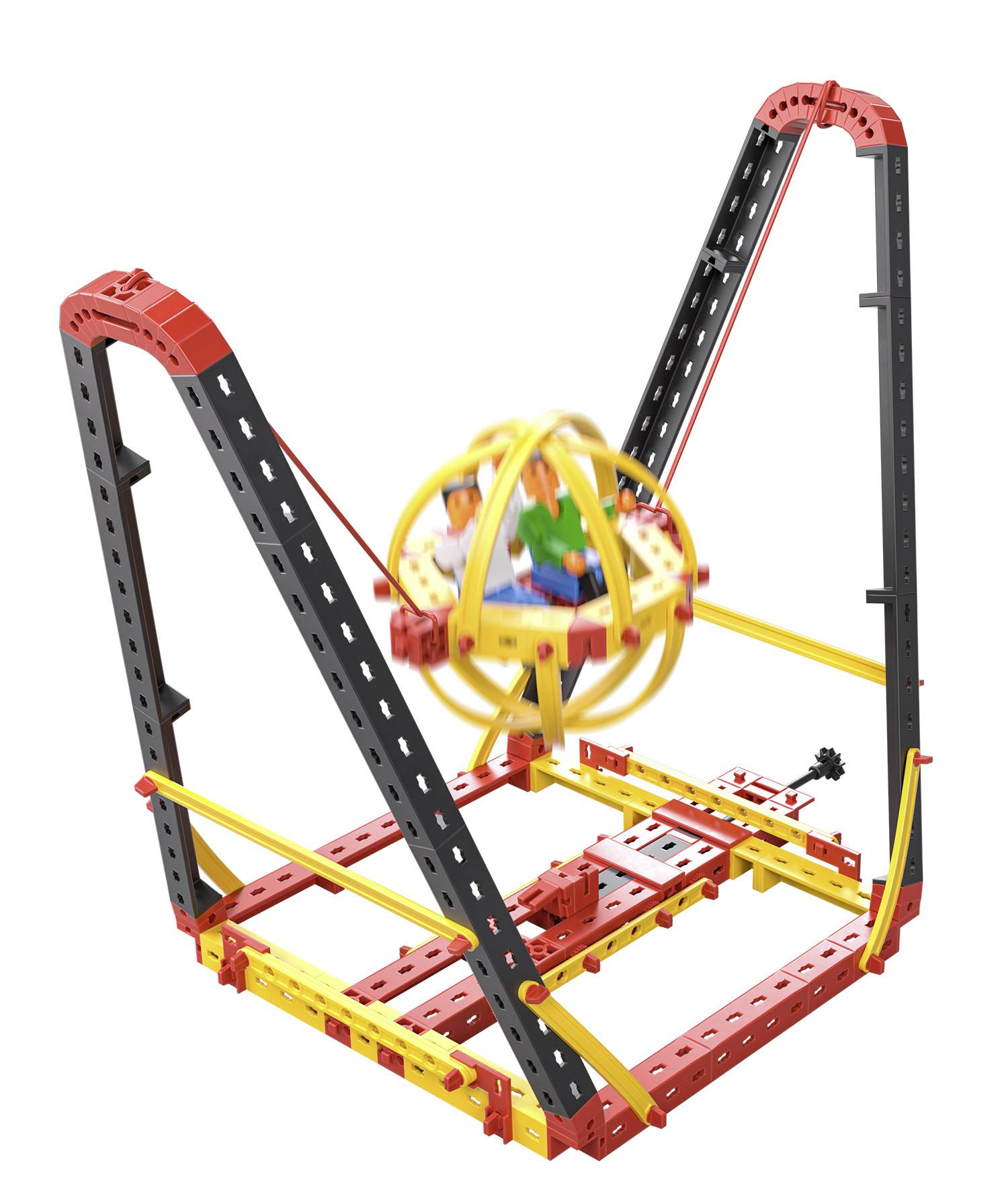A plastic parts kit forms a swinging construction with a rotating ball in the centre. The colours are red, yellow and black.