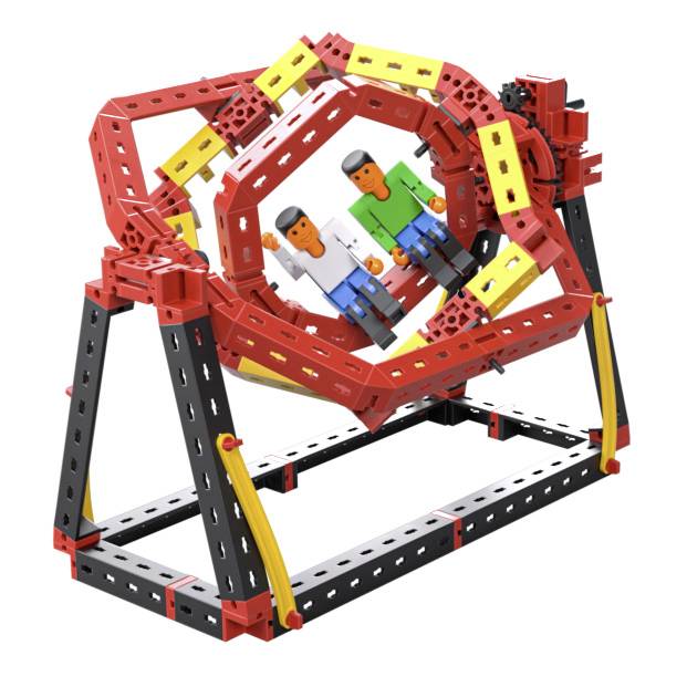 Two game pieces on a red and yellow plastic building block spinner, mounted on a black and yellow frame.