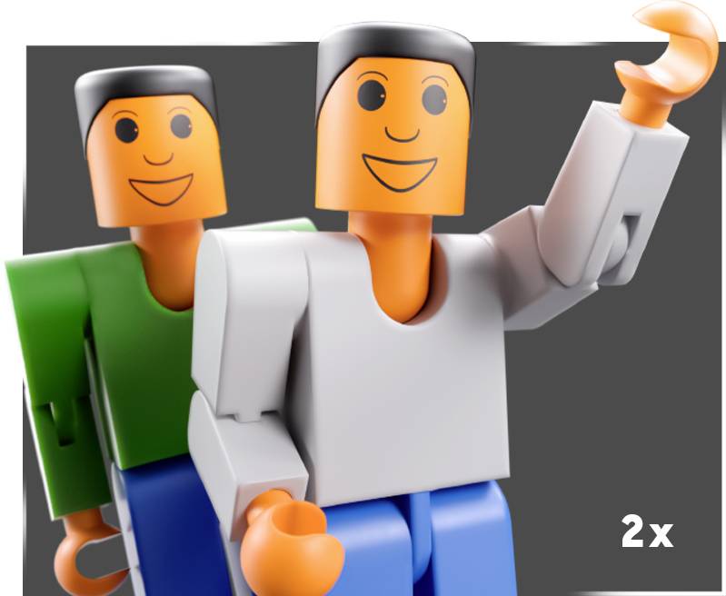 Two smiling figures made from building blocks. The front figure is wearing a white top.
