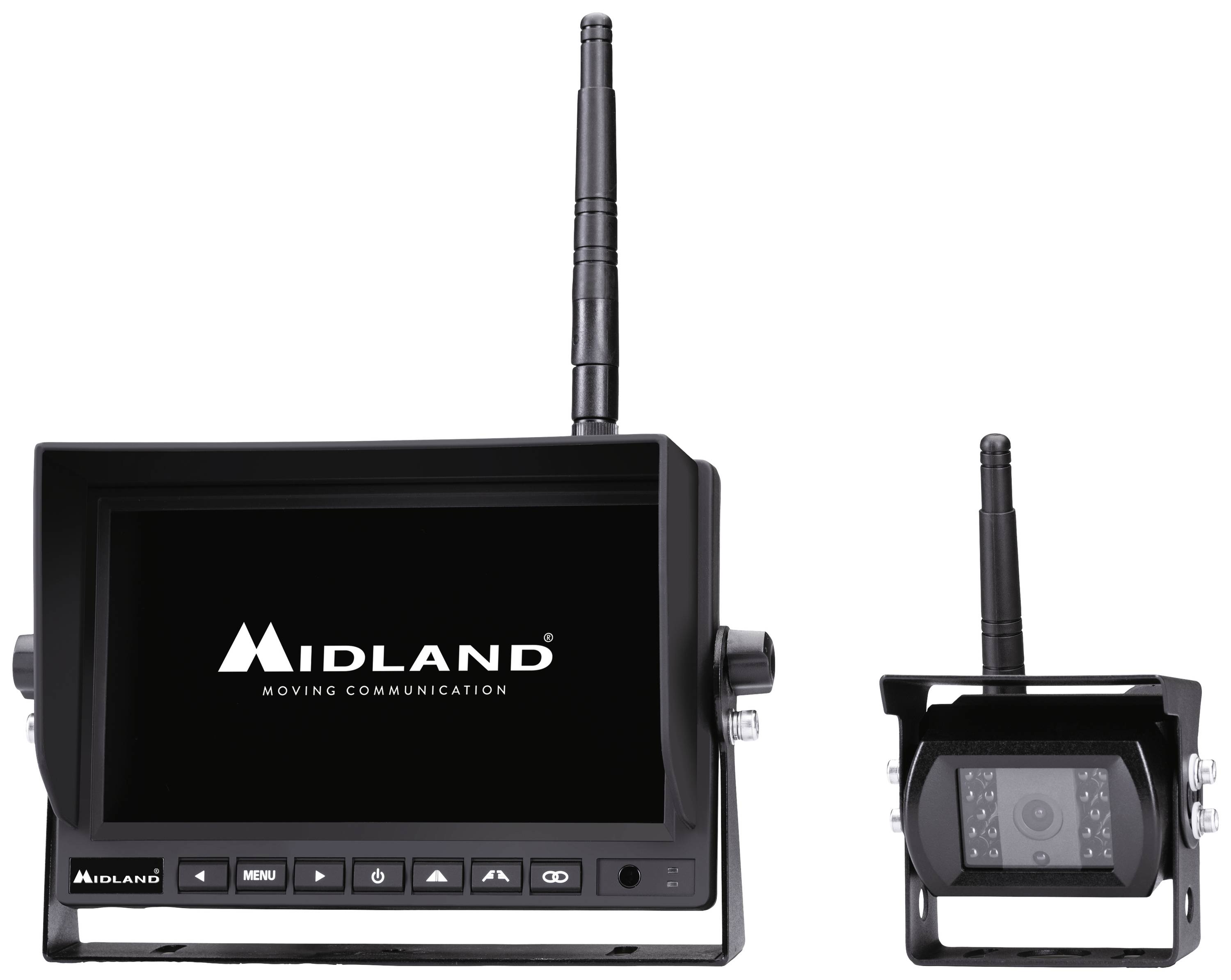 A wireless surveillance system with screen and camera by Midland. The screen displays the Midland logo.