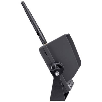 A black electronic device with an antenna attachment, mounted sideways on a stand.
