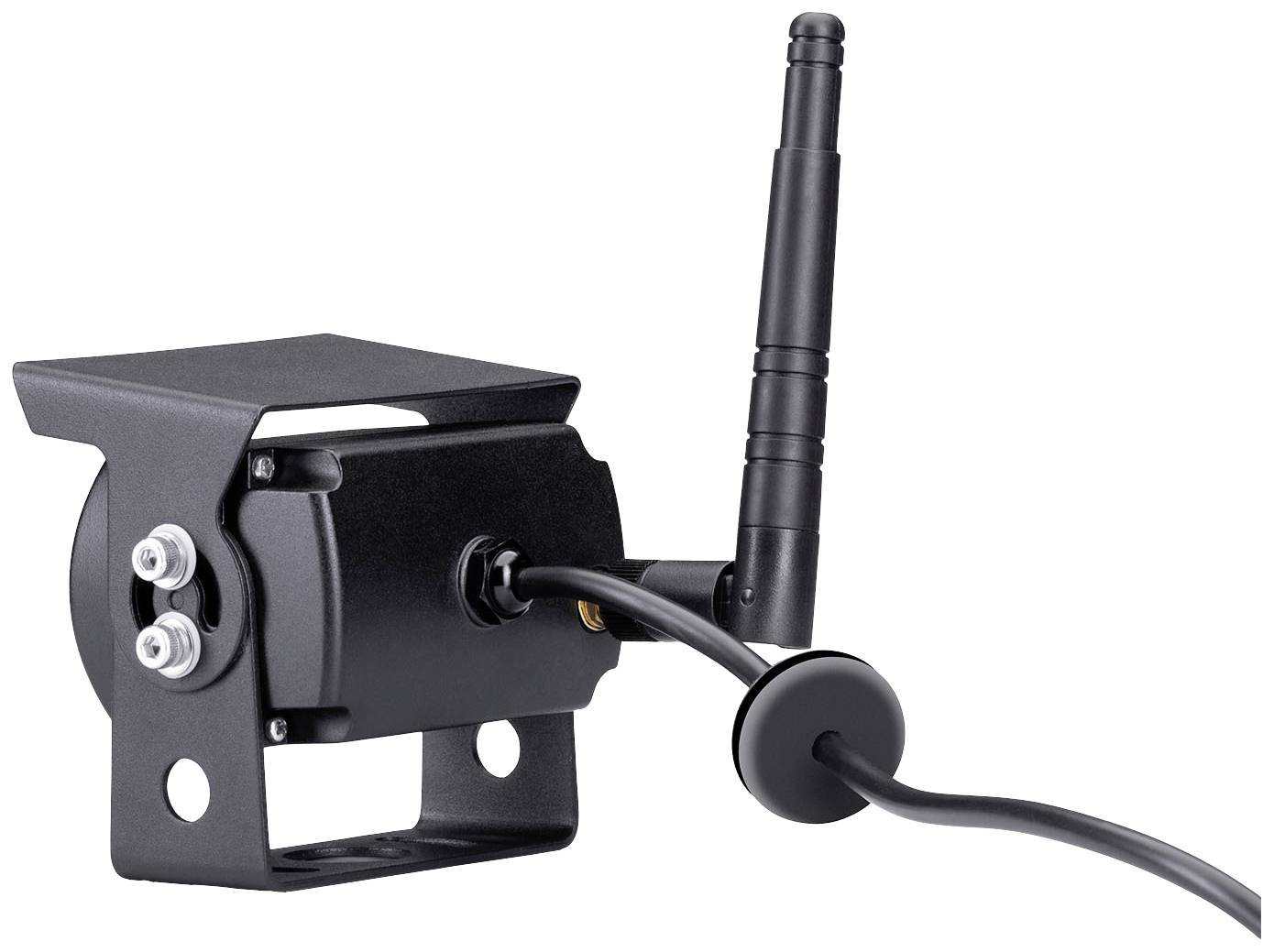 A black wireless camera with an antenna and cable, mountable with screws, pictured on a white background.