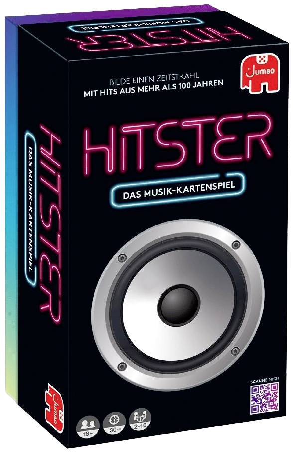 Game box contains 'Hitster: The Music Card Game'. Shows a speaker and mentions that it covers hits from over 100 years.