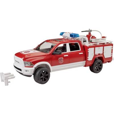 Fire engine toy in red and white with blue lights on the roof and a hose.