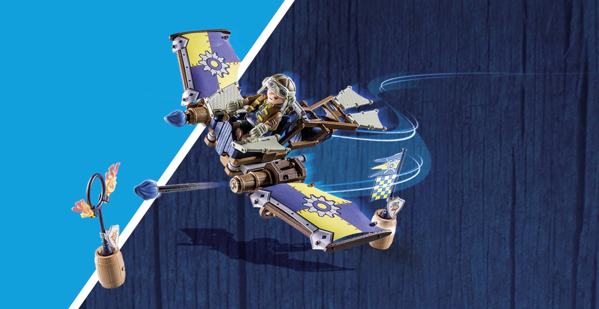 A character in a flying, flower-adorned vehicle on a blue background; graphics in a retro style.