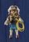 Toy figurine of an adventurer wearing a pilot's cap, gloves, waistcoat, and yellow rope against a blue background.