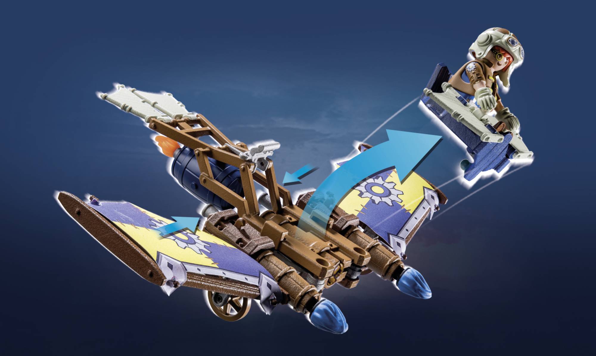 Action figure in an aircraft with wings and arrows indicating movement. Space helmet and detailed, colourful wings.